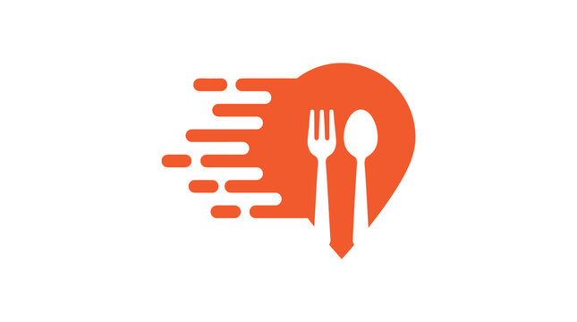 Minimalist orange logo icon featuring a fork and spoon silhouette with dynamic motion lines for a modern food delivery service