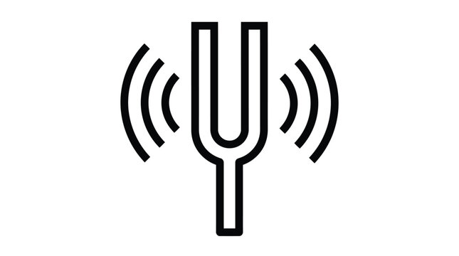 A bold black and white vector icon of a vibrating tuning fork representing professional audio frequency and acoustic resonance