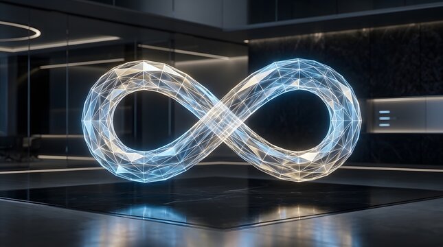 Glowing geometric infinity symbol with wireframe mesh structure