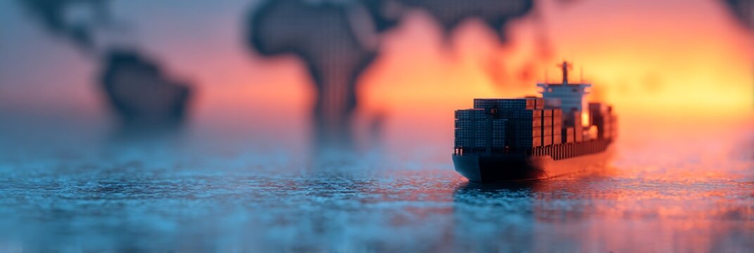 A cargo ship sails at sunset with a blurred world map in the background, symbolizing global trade and international shipping.
