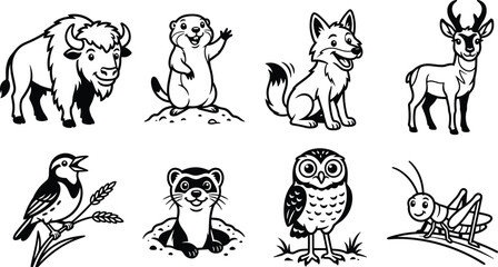 Fototapeta premium Cute Woodland Wildlife Cartoon Vector Set with Bison Fox Deer Owl and Ferret