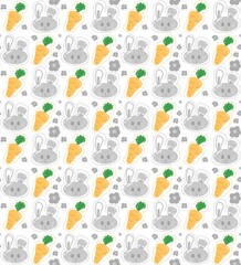 Seamless pattern with cute gray bunny rabbit heads, fresh orange carrots, and small flowers on a white background.
