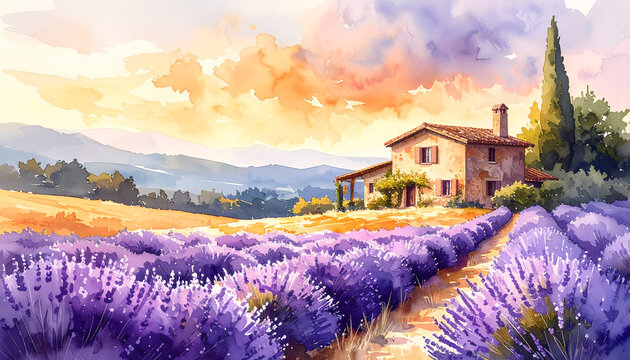 Loose watercolor sketch of countryside vineyard cottage with lavender showing warm provence style feeling peaceful generative AI