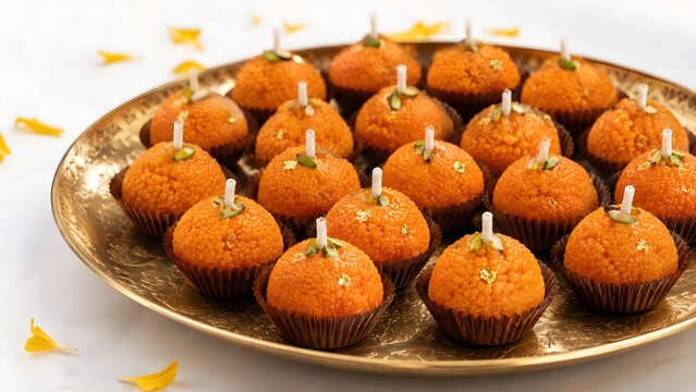 Traditional Indian Sweets Motichoor Laddu Box - Diwali Festival Food Stock Photo