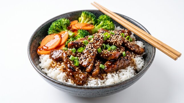 A delicious bowl of beef teriyaki served with steamed white rice and fresh vegetables.