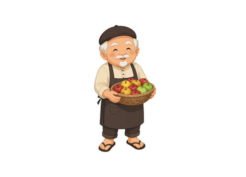 Happy elderly farmer cartoon character illustration, holding a basket of fresh apples, isolated on transparent background