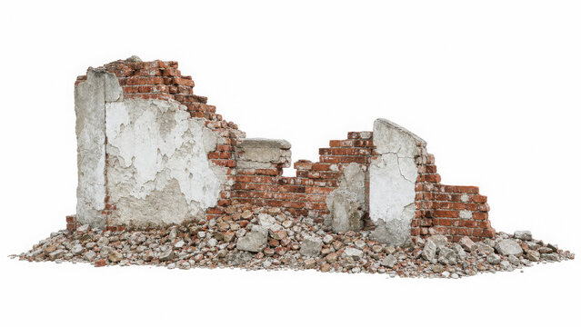 Crumbling red brick wall ruins with plaster fragments isolated on a plain generated using ai