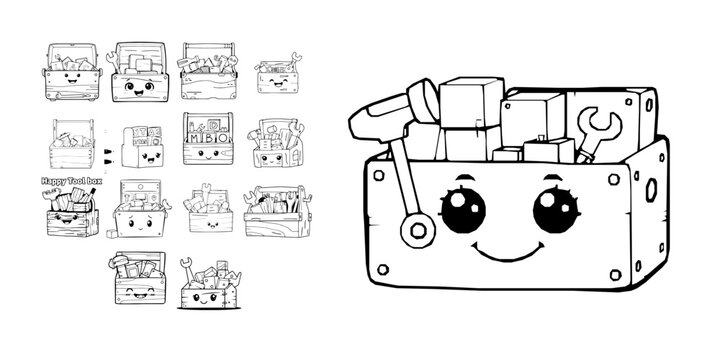 Happy Cartoon Toy Toolbox Filled With Wooden Blocks Simple Coloring Book Line Art Thick Bold Outli Coloring Page