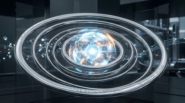 Futuristic core data network with integrated systems and glowing digital sphere
