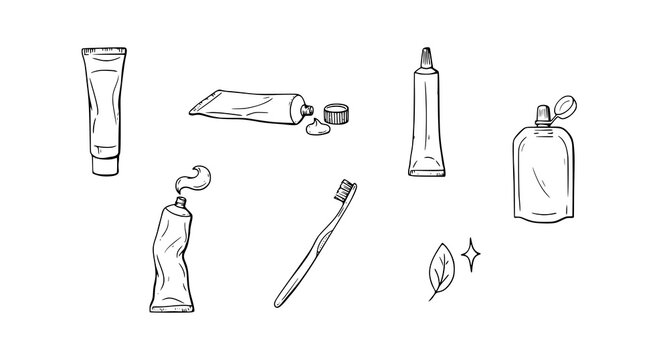 Toothpaste Tube Hand Drawn Sketch Dental Hygiene Outline Vector Set