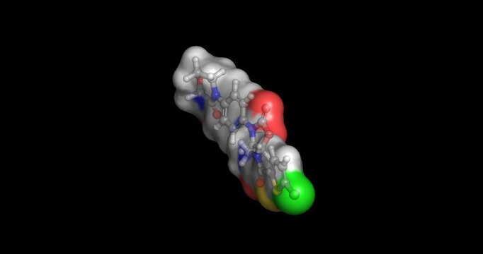 Rivaroxaban, direct factor Xa inhibitor anticoagulant for thrombosis prevention, 3D molecule spinning, 4K