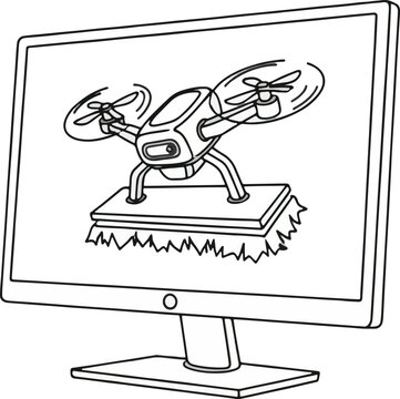 Black white line art illustration featuring quadcopter drone mounted with scrubbing brush display screen monitor isolated white background