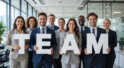Obraz premium Diverse Business Team Holding Large TEAM Letters in Modern Corporate Office Representing Collaboration Leadership and Workplace Success 