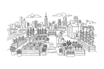 Obraz premium A line art illustration of a person gardening on a rooftop urban farm.