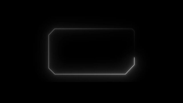 White Neon Rectangular Frame with Cut Corners on Black Background border glowing