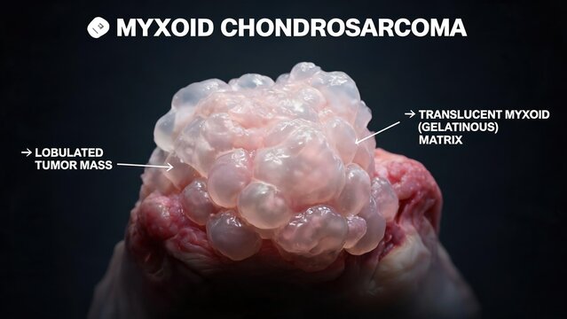 Annotated 3D pathology image of Myxoid Chondrosarcoma attached to host tissue, translucent gelatinous myxoid matrix and lobulated tumor mass