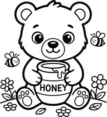 Obraz premium Cute Teddy Bear with Honey Coloring Page Vector Illustration, Cartoon Woodland Animal Outline for Kids Printable Coloring Book Activity