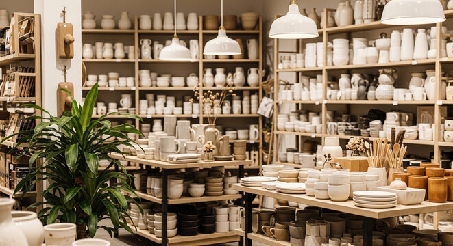 Ceramic pottery store display with various white and brown dishes on wooden shelves and tables inside