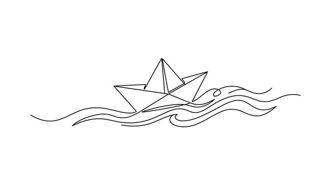 Continuous single line art illustration of an origami paper boat floating on waves with minimalist