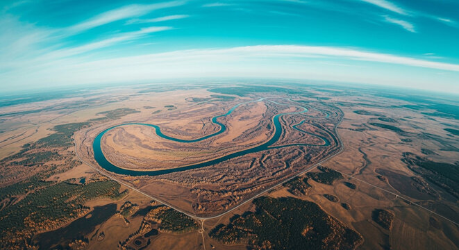 Aerial view of a winding river through a vast landscape with roads and patches of trees
