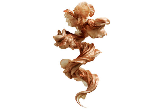 Bronze and gold metallic ink swirl twisted shape isolated on white background, abstract fluid art concept