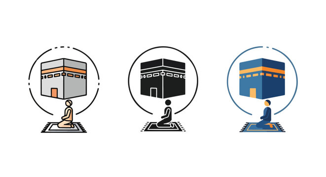 Muslim prayer at Kaaba vector icon set: logo icons vector set. Blue, Black and white icons