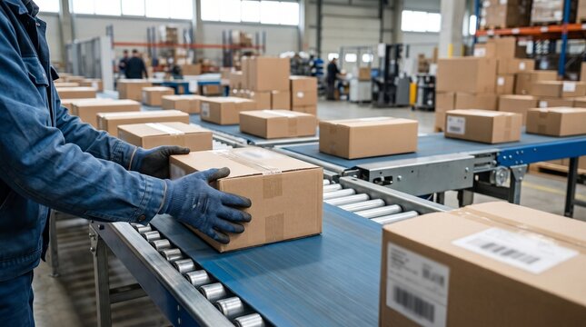 Workers in a warehouse sorting boxes on a conveyor belt during a busy day of operations
