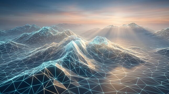 Digital mountain landscape with glowing wireframe mesh at sunrise, abstract futuristic technology and data visualization