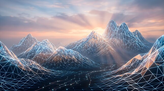 Digital mountain landscape with glowing wireframe mesh and data points at sunrise, abstract futuristic technology
