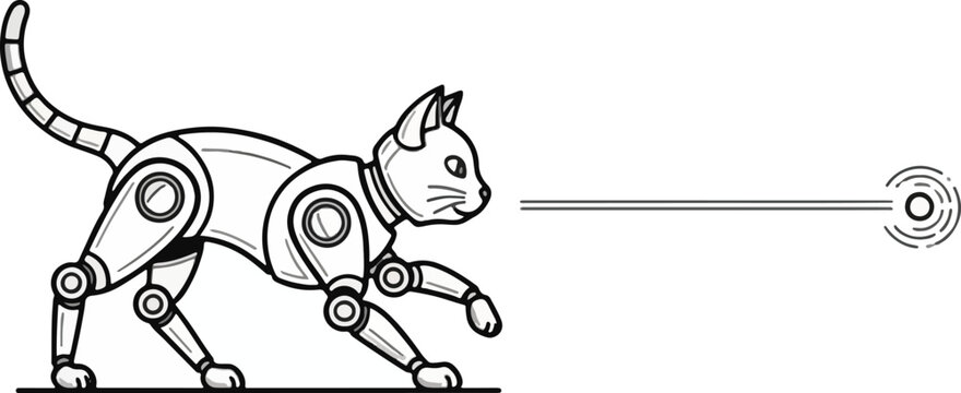 Mechanical cat robot projecting laser beam linear graphic isolated profile view modern technical illustration professional commercial design