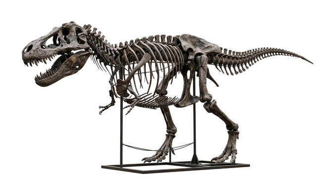 Tyrannosaurus Rex dinosaur skeleton on white background, prehistoric T-Rex fossil display, ancient predator bone structure for museum education