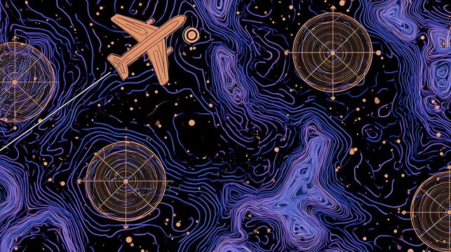 Geospatial flight monitoring interface, vibrant contour lines, aircraft icons, and data paths