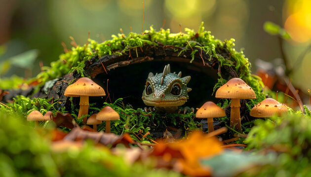 Small dragon peeking out of hollow log covered in moss and mushrooms showing cozy mood generative AI