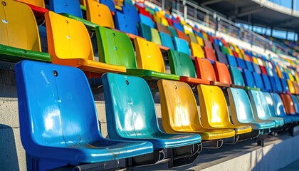 Fototapeta premium Colorful empty stadium seats arranged in rows.