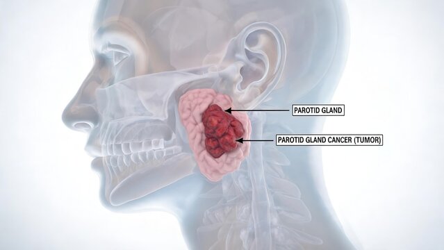 3D medical anatomical illustration of parotid gland cancer, labeled human head profile showing malignant tumor within parotid salivary gland, otolaryngology pathology diagram