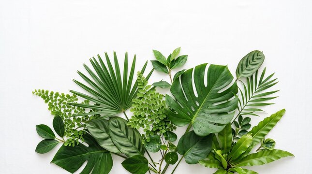 fresh tropical plant leaves flatlay background with negative space for design