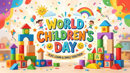 Naklejka premium Colorful toy building blocks displaying festive world children day celebration message decorative graphic design with cheerful illustrations celebrating
