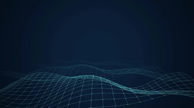 A digital three dimensional wireframe grid undulates in a seamless loop