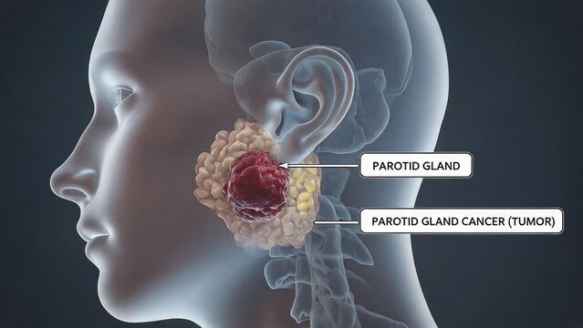 Annotated 3D render of parotid gland carcinoma, lateral view human skull visualization of cancerous tumor inside parotid salivary gland, dark background medical graphic