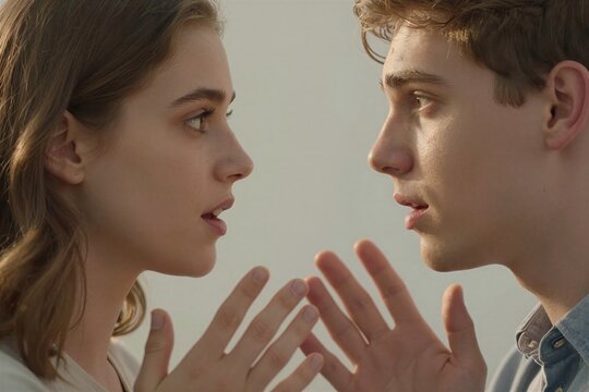 Captures Close Of Two Individuals In To Intense Conversation Confrontation Person On Left Shoulder Length Wavy Brown Hair Wearing Light