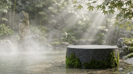 Fototapeta premium Stone product podium in Japanese Zen garden with fresh green maple leaves, clear stream and morning mist