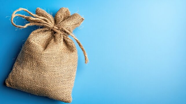 Burlap Sack with Drawstring on Blue Background