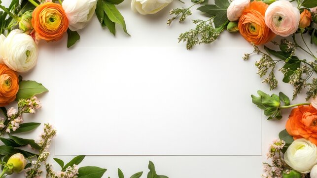 Floral Frame with Blank Space: A beautiful border of vibrant orange and white ranunculus flowers and green foliage encircles a blank white space, perfect for text or a personal message.