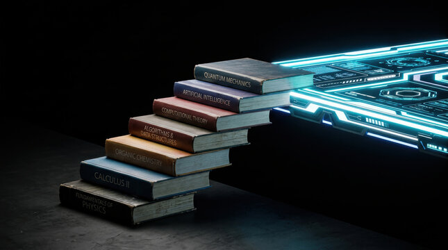 Workforce automation skills gap in education concept with book stack and digital platform in dark studio