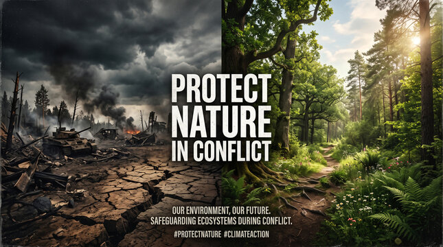 Environmental impact of warfare showing contrast between devastated cracked earth and vibrant lush green forest with sunlit forest path highlight ecological fragility