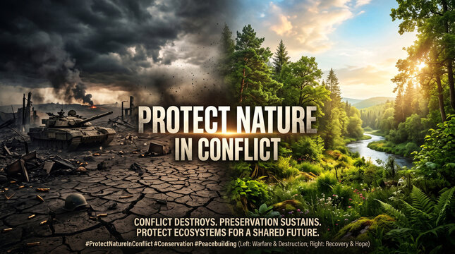 Conceptual split view contrasting devastated battleground landscape with vibrant lush green forest wilderness ecosystem restoration with presents dramatic conceptual