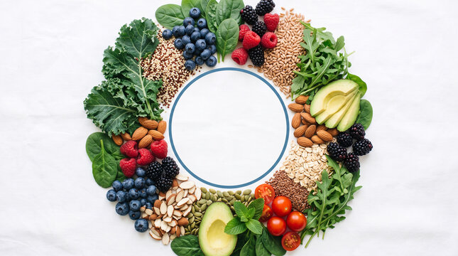 Circular arrangement healthy superfoods assortment fresh produce berries nuts grains vegetables white surface background with displays vibrant circular