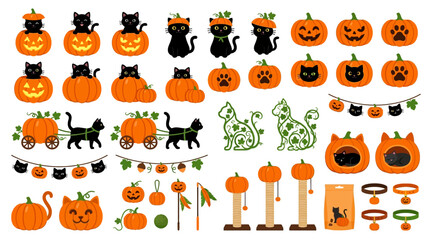 Halloween black cat and pumpkin vector set, cute kitten autumn holiday icons, orange jack-o-lantern and feline pet accessories collection © MSTMANWARA