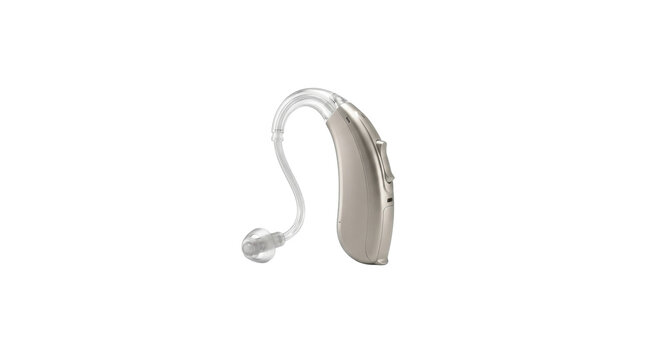 Behind-the-Ear Hearing Aid: A discreet and modern behind-the-ear hearing aid, designed for comfort and effective sound amplification.