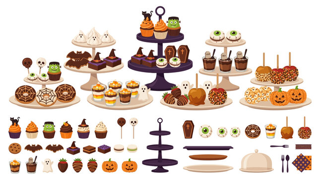 Halloween dessert buffet collection, spooky party treats and sweets set, festive holiday cupcakes and candy vector illustration